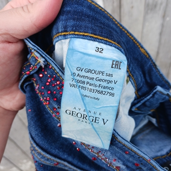 Avenue George V Red Rhinestone Skinny Jeans Mens Sz 32 Button Fly Distressed - Picture 4 of 11